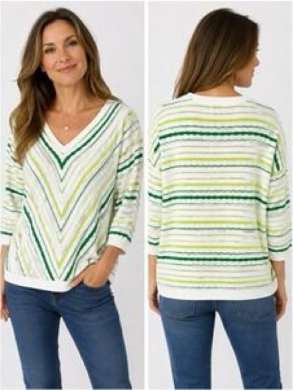 Jaclyn Smith White V-Neck Sweater with Green and Yellow Stripes